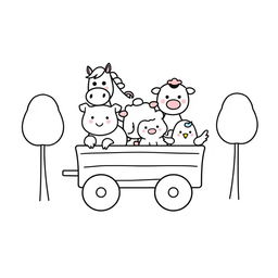 A whimsical children's illustration featuring simplified farm animals: a friendly horse, a cute pig, a gentle cow, a fluffy sheep, and a cheerful chicken, all designed with simple, round shapes, circular eyes, and small snouts