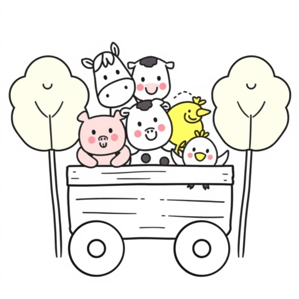 A whimsical children's illustration featuring simplified farm animals: a friendly horse, a cute pig, a gentle cow, a fluffy sheep, and a cheerful chicken, all designed with simple, round shapes, circular eyes, and small snouts