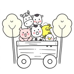 A whimsical children's illustration featuring simplified farm animals: a friendly horse, a cute pig, a gentle cow, a fluffy sheep, and a cheerful chicken, all designed with simple, round shapes, circular eyes, and small snouts