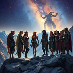 A beautiful scene featuring several stunning elven warriors standing on a majestic mountain