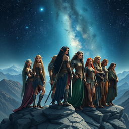 A beautiful scene featuring several stunning elven warriors standing on a majestic mountain