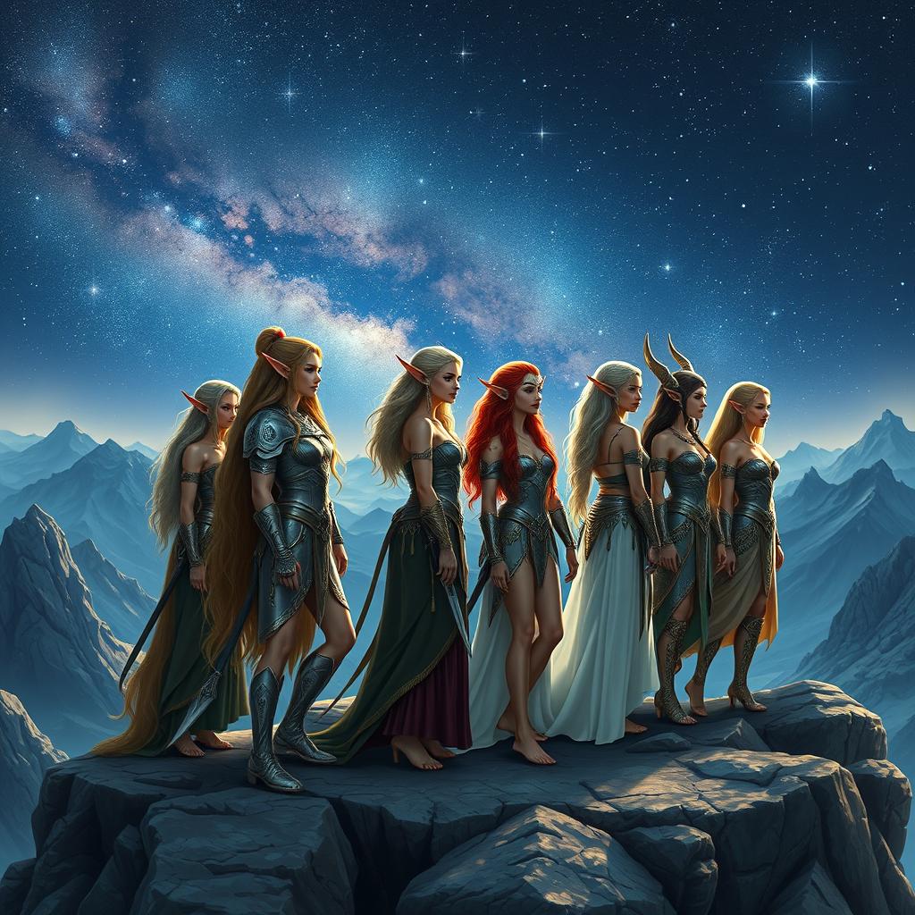 A beautiful scene featuring several stunning elven warriors standing on a majestic mountain