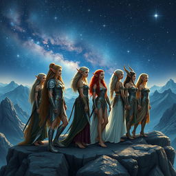 A beautiful scene featuring several stunning elven warriors standing on a majestic mountain