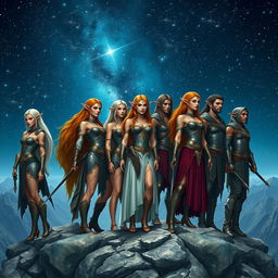 A beautiful scene featuring several stunning elven warriors standing on a majestic mountain