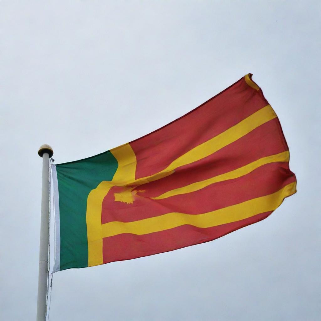 A vibrant Sri Lankan flag fluttering proudly in the wind, designed to commemorate the 76th Independence Day. No people included.