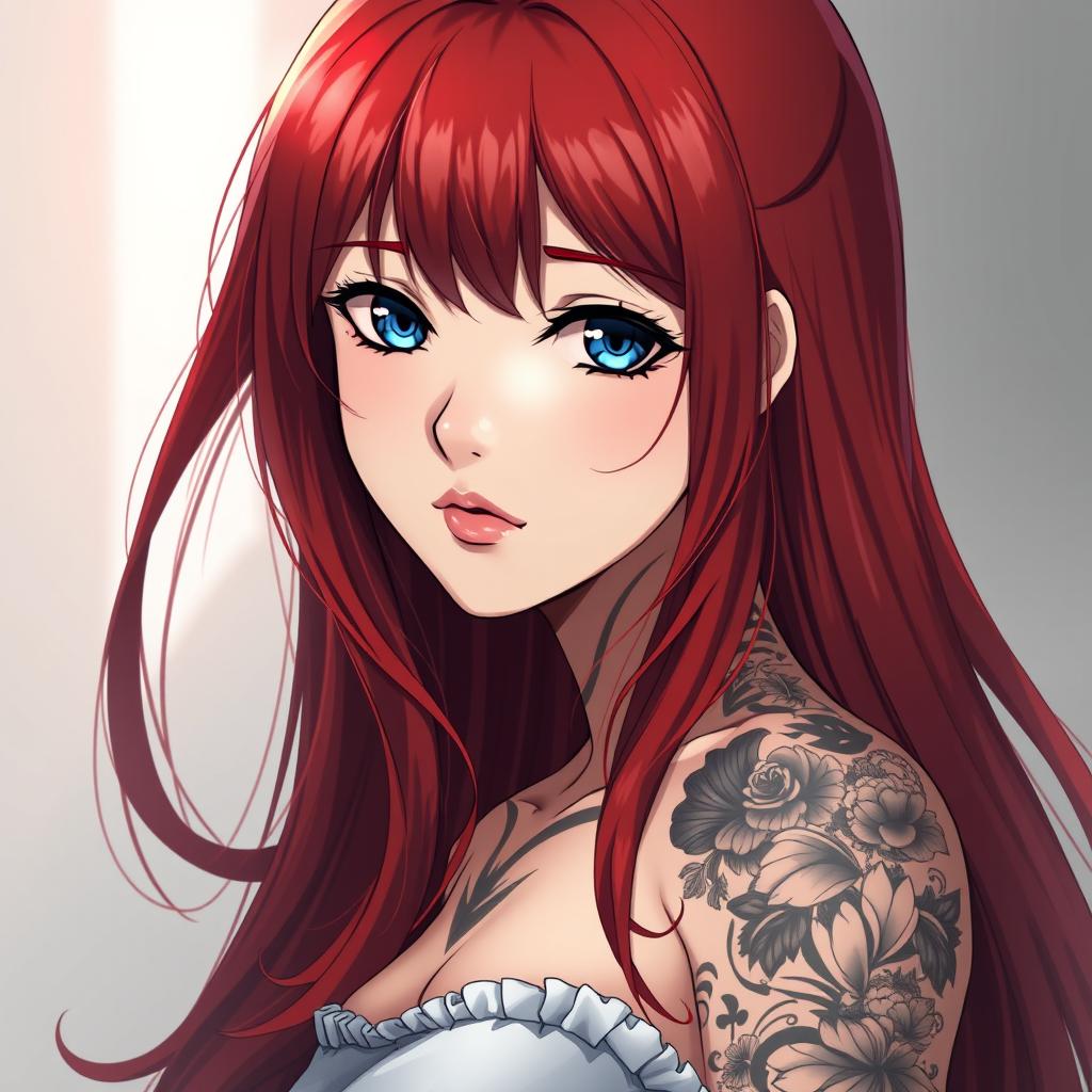 An anime woman with striking long red hair that flows gracefully down her back