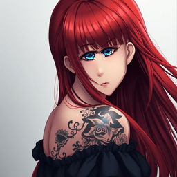 An anime woman with striking long red hair that flows gracefully down her back