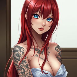 An anime woman with striking long red hair that flows gracefully down her back