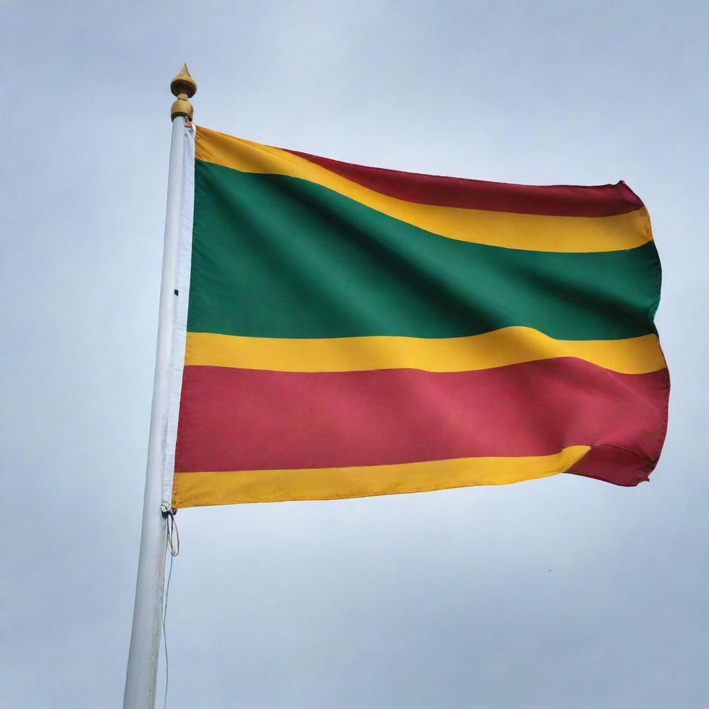 A vibrant Sri Lankan flag fluttering proudly in the wind, designed to commemorate the 76th Independence Day. No people included.