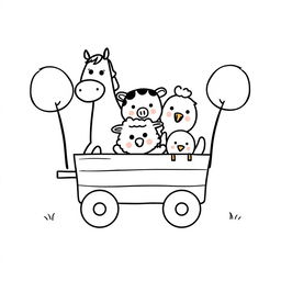 A whimsical children's illustration featuring simplified farm animals: a cheerful horse, a playful pig, a gentle cow, a fluffy sheep, and a friendly chicken, designed with simple, round shapes, circular eyes, and small snouts