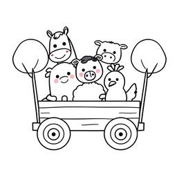 A whimsical children's illustration featuring simplified farm animals: a cheerful horse, a playful pig, a gentle cow, a fluffy sheep, and a friendly chicken, designed with simple, round shapes, circular eyes, and small snouts