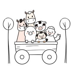 A whimsical children's illustration featuring simplified farm animals: a cheerful horse, a playful pig, a gentle cow, a fluffy sheep, and a friendly chicken, designed with simple, round shapes, circular eyes, and small snouts