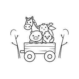 A whimsical black and white children's illustration featuring simplified farm animals: a horse, pig, cow, sheep, and chicken, all designed with simple, round shapes, circular eyes, and small snouts