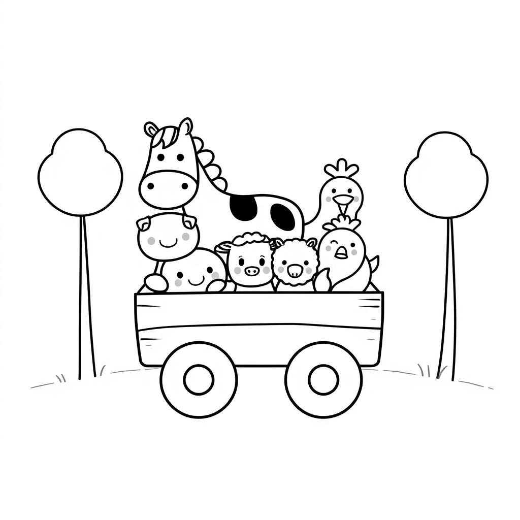 A whimsical black and white children's illustration featuring simplified farm animals: a horse, pig, cow, sheep, and chicken, all designed with simple, round shapes, circular eyes, and small snouts