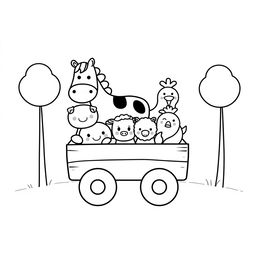 A whimsical black and white children's illustration featuring simplified farm animals: a horse, pig, cow, sheep, and chicken, all designed with simple, round shapes, circular eyes, and small snouts