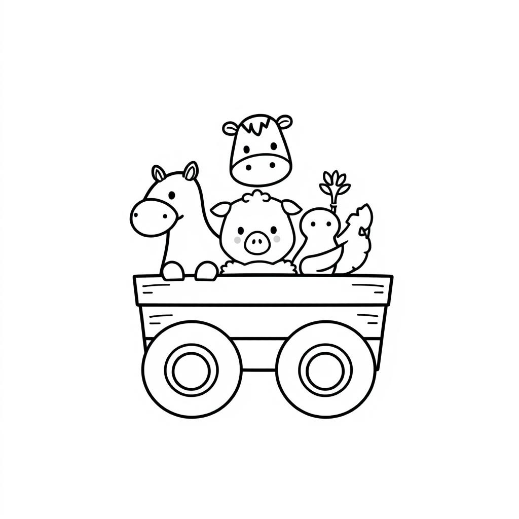 A whimsical black and white children's illustration featuring simplified farm animals: a horse, pig, cow, sheep, and chicken, all designed with simple, round shapes, circular eyes, and small snouts