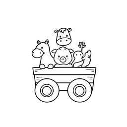 A whimsical black and white children's illustration featuring simplified farm animals: a horse, pig, cow, sheep, and chicken, all designed with simple, round shapes, circular eyes, and small snouts