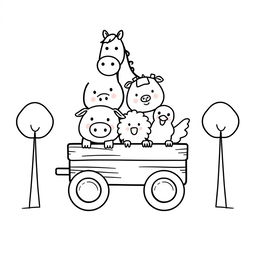 A whimsical black and white children's illustration featuring simplified farm animals: a horse, pig, cow, sheep, and chicken, all designed with simple, round shapes, circular eyes, and small snouts