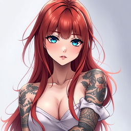 An anime woman with long, flowing red hair that frames her face delicately