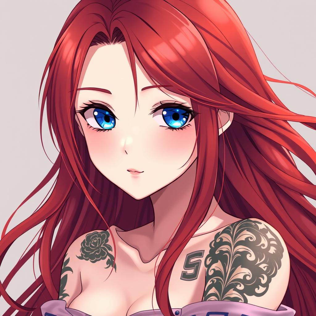 An anime woman with long, flowing red hair that frames her face delicately