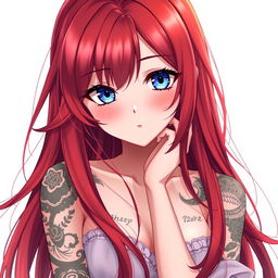 An anime woman with long, flowing red hair that frames her face delicately