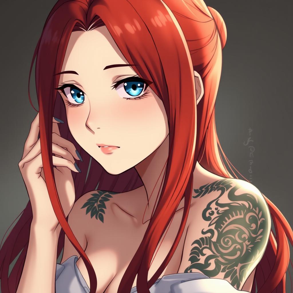 An anime woman with long, flowing red hair that frames her face delicately