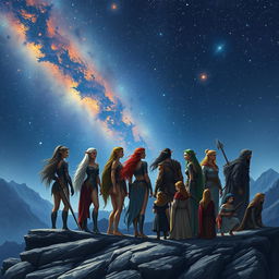 A enchanting scene depicting several beautiful elven warriors alongside a diverse group of humans, all gathered on a mountain peak