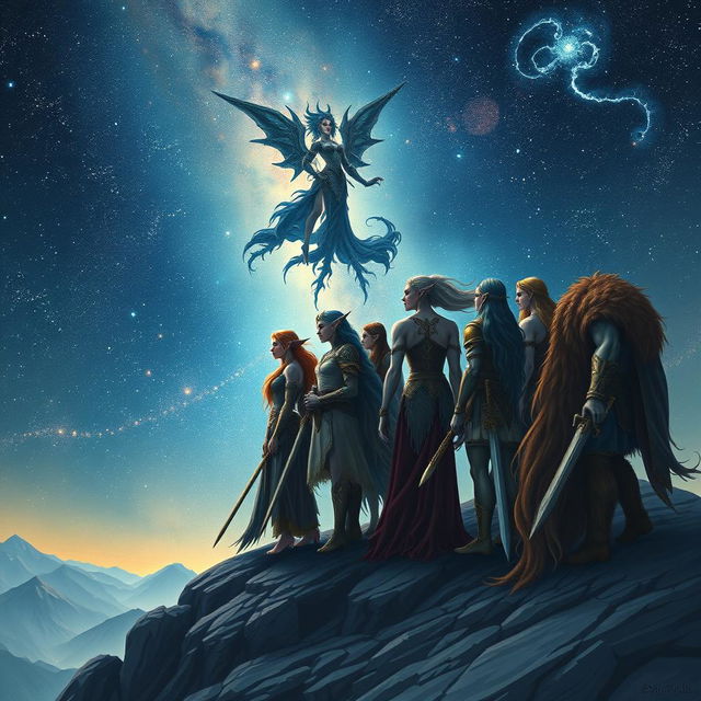 A enchanting scene depicting several beautiful elven warriors alongside a diverse group of humans, all gathered on a mountain peak