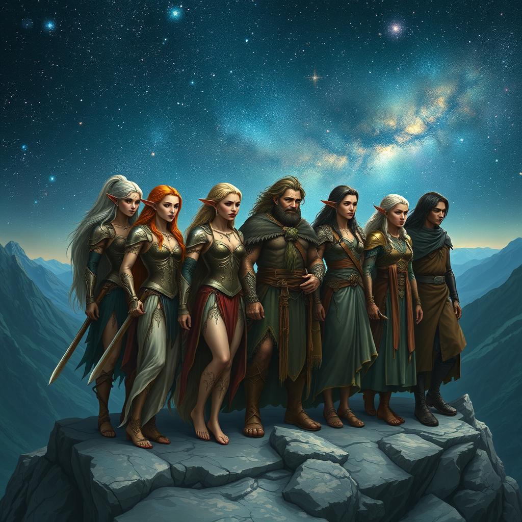 A enchanting scene depicting several beautiful elven warriors alongside a diverse group of humans, all gathered on a mountain peak