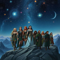 A enchanting scene depicting several beautiful elven warriors alongside a diverse group of humans, all gathered on a mountain peak