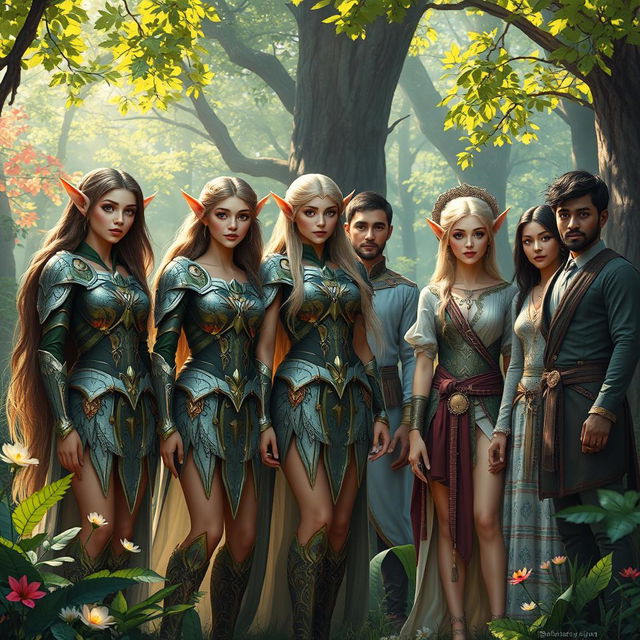 A captivating scene depicting several beautiful elven warriors alongside a diverse group of humans gathered in a vibrant, magical forest