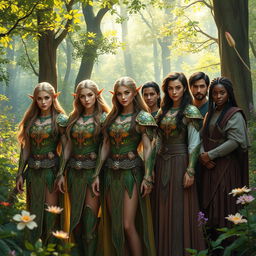 A captivating scene depicting several beautiful elven warriors alongside a diverse group of humans gathered in a vibrant, magical forest