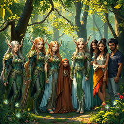 A captivating scene depicting several beautiful elven warriors alongside a diverse group of humans gathered in a vibrant, magical forest