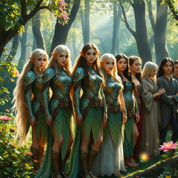 A captivating scene depicting several beautiful elven warriors alongside a diverse group of humans gathered in a vibrant, magical forest