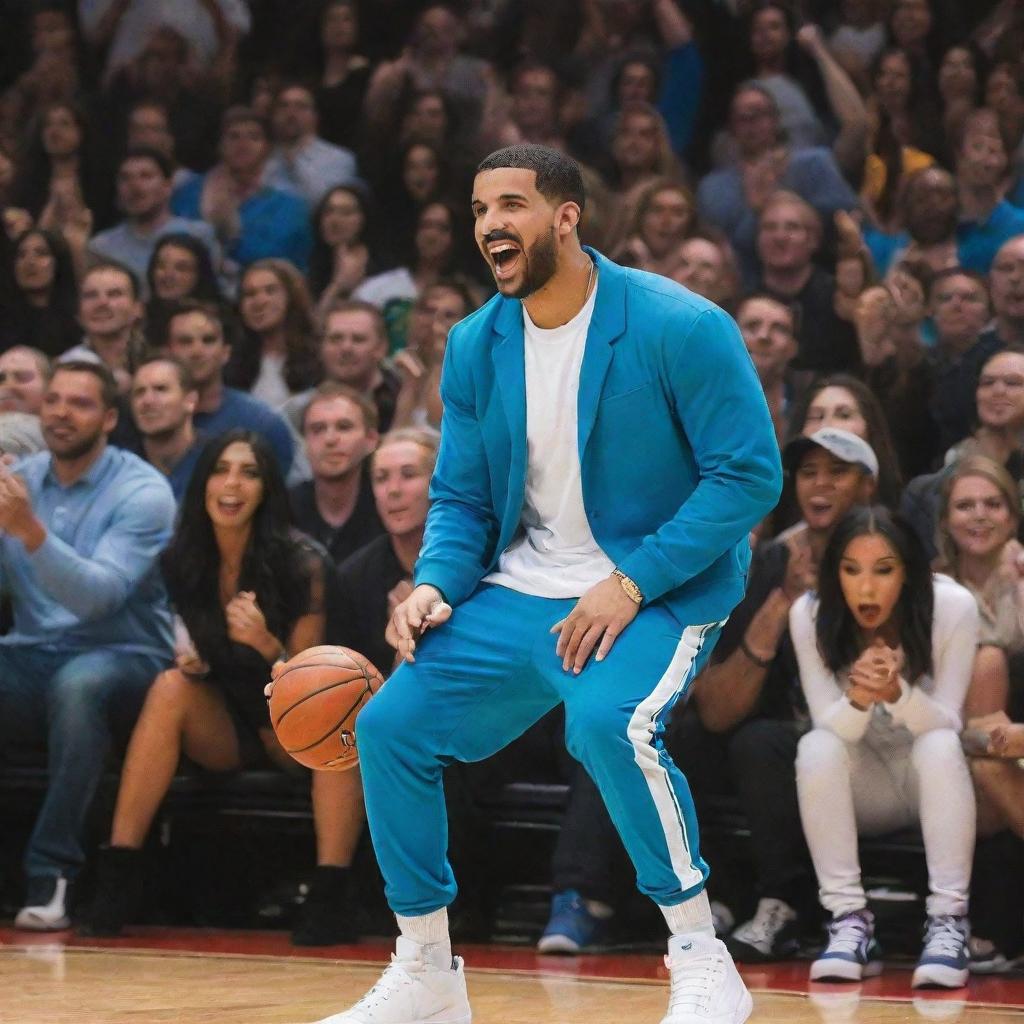 Create a vibrant comic-style image showcasing the prominent music artist Drake, engaging in a friendly basketball match, making a stylish dunk. Kim Kardashian cheering on from the spectators' benches.