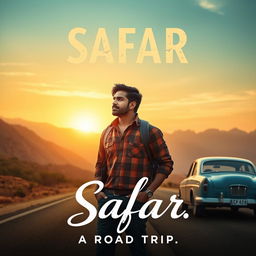 A cinematic film poster for 'SAFAR', featuring an Indian man in his 30s with a contemplative expression, dressed in casual travel attire, standing on an open road surrounded by breathtaking landscapes of mountains and valleys