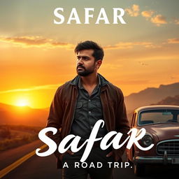 A cinematic film poster for 'SAFAR', featuring an Indian man in his 30s with a contemplative expression, dressed in casual travel attire, standing on an open road surrounded by breathtaking landscapes of mountains and valleys