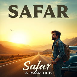 A cinematic film poster for 'SAFAR', featuring an Indian man in his 30s with a contemplative expression, dressed in casual travel attire, standing on an open road surrounded by breathtaking landscapes of mountains and valleys