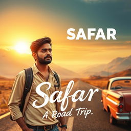 A cinematic film poster for 'SAFAR', featuring an Indian man in his 30s with a contemplative expression, dressed in casual travel attire, standing on an open road surrounded by breathtaking landscapes of mountains and valleys