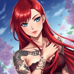 An anime woman with long, vibrant red hair that flows elegantly down her back