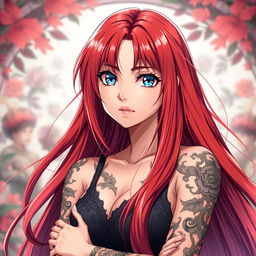 An anime woman with long, vibrant red hair that flows elegantly down her back