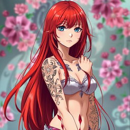 An anime woman with long, vibrant red hair that flows elegantly down her back