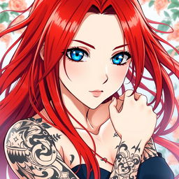 An anime woman with long, vibrant red hair that flows elegantly down her back