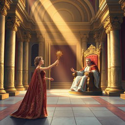 An evocative illustration of Queen Esther standing in the inner courtyard of the royal palace, as described in Esther 5:1-2