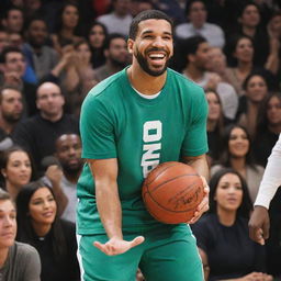 Create a vibrant comic-style image showcasing the prominent music artist Drake, engaging in a friendly basketball match, making a stylish dunk. Kim Kardashian cheering on from the spectators' benches.