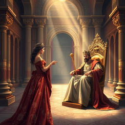 An evocative illustration of Queen Esther standing in the inner courtyard of the royal palace, as described in Esther 5:1-2