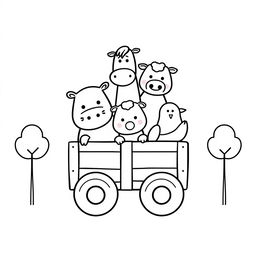 A charming black and white children's illustration depicting farm animals: a horse, pig, cow, sheep, and chicken, all illustrated with simple, round shapes, circular eyes, and small snouts