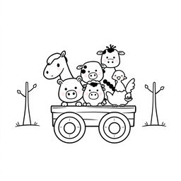 A charming black and white children's illustration depicting farm animals: a horse, pig, cow, sheep, and chicken, all illustrated with simple, round shapes, circular eyes, and small snouts