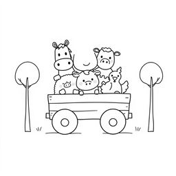 A charming black and white children's illustration depicting farm animals: a horse, pig, cow, sheep, and chicken, all illustrated with simple, round shapes, circular eyes, and small snouts