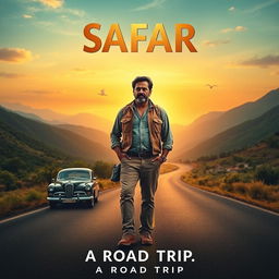 A cinematic film poster for 'SAFAR', featuring an Indian man in his 40s with a thoughtful expression and a rugged look, dressed in a comfortable travel outfit, standing confidently on an open road surrounded by stunning landscapes of mountains, lush greenery, and a vast sky